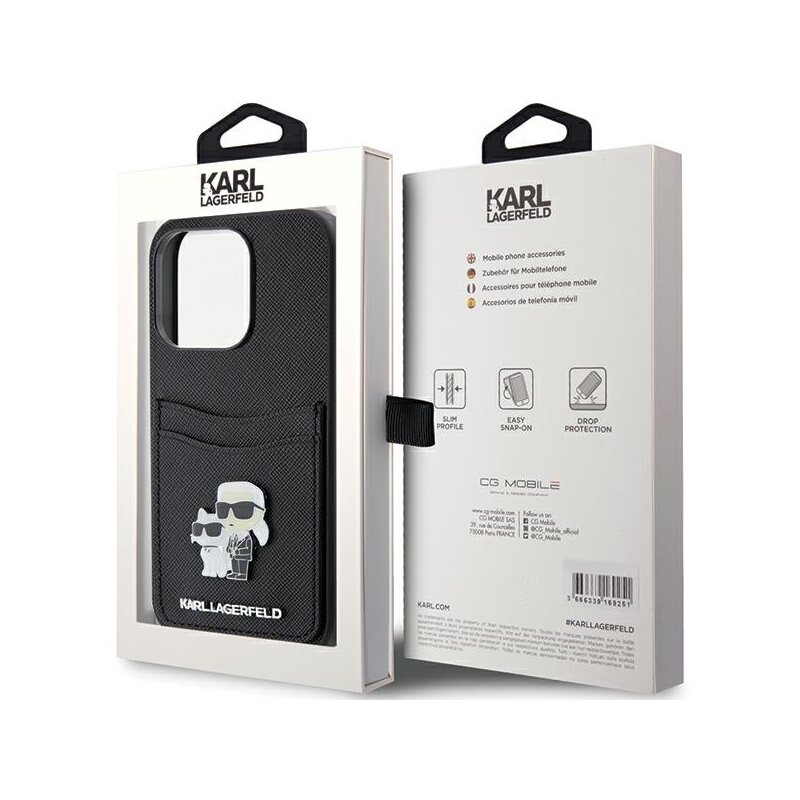 Husa iPhone 15 Pro Karl Lagerfeld Saffiano Cardslot, Karl&Choupette, negru, KLHCP15LSAPKCNPK