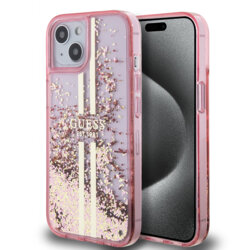 Husa Guess Liquid Glitter Gold Stripes iPhone 15 Plus cu sclipici, roz, GUHCP15MLFCSEGP