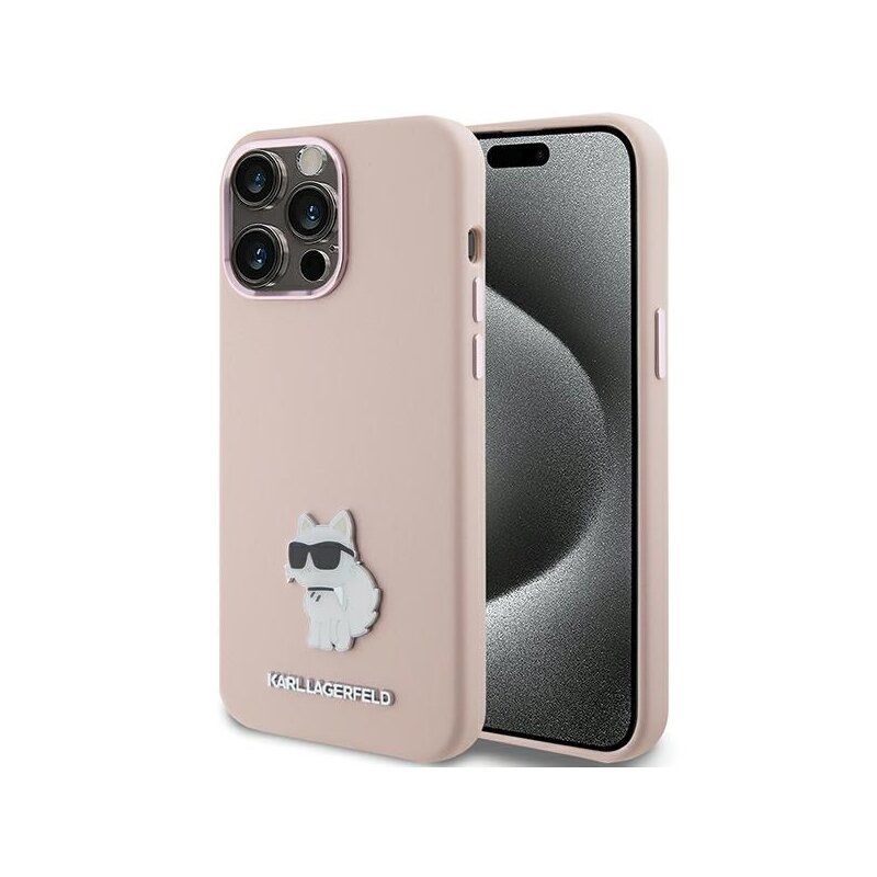 Husa Karl Lagerfeld iPhone 15 Pro Silicone, Choupette Metal Pin, roz, KLHCP15LSMHCNPP