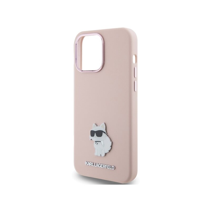 Husa Karl Lagerfeld iPhone 15 Pro Silicone, Choupette Metal Pin, roz, KLHCP15LSMHCNPP