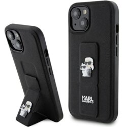 Husa originala iPhone 15 Plus Karl Lagerfeld Saffiano Gripstand, Karl&Choupette Pins, negru, KLHCP15MGSAKCPK