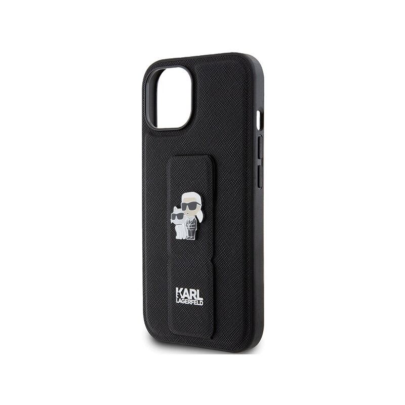 Husa originala iPhone 15 Plus Karl Lagerfeld Saffiano Gripstand, Karl&Choupette Pins, negru, KLHCP15MGSAKCPK