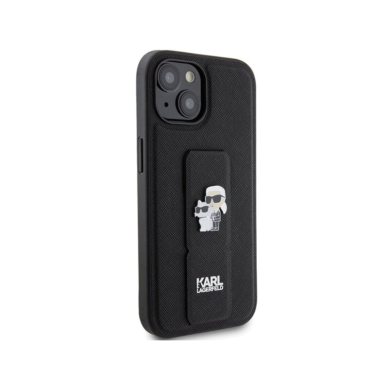 Husa originala iPhone 15 Plus Karl Lagerfeld Saffiano Gripstand, Karl&Choupette Pins, negru, KLHCP15MGSAKCPK