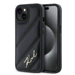 Husa iPhone 15 Plus Karl Lagerfeld Diagonal Quilted Script, negru, KLHCP15MPQDSMGK