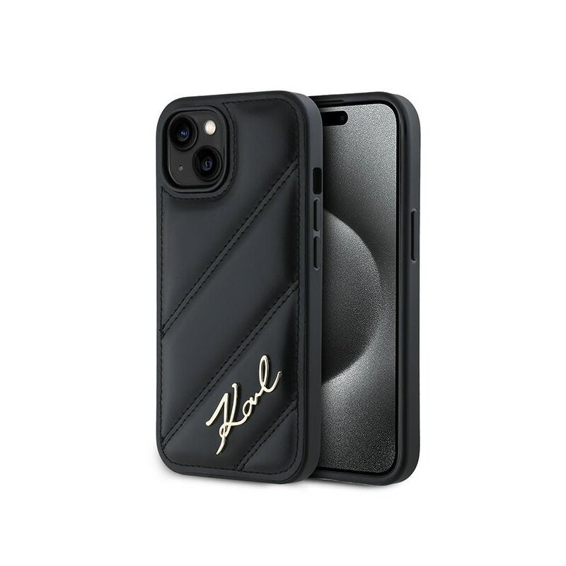 Husa iPhone 15 Plus Karl Lagerfeld Diagonal Quilted Script, negru, KLHCP15MPQDSMGK