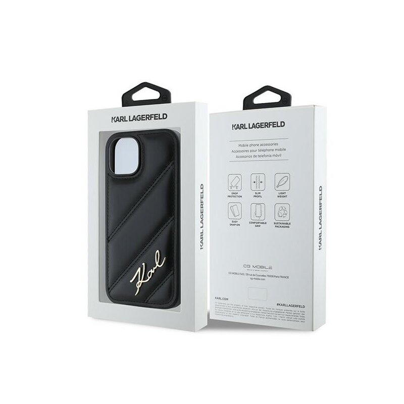 Husa iPhone 15 Plus Karl Lagerfeld Diagonal Quilted Script, negru, KLHCP15MPQDSMGK