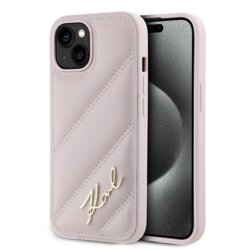 Husa iPhone 15 Plus Karl Lagerfeld Diagonal Quilted Script, roz, KLHCP15MPQDSMGP