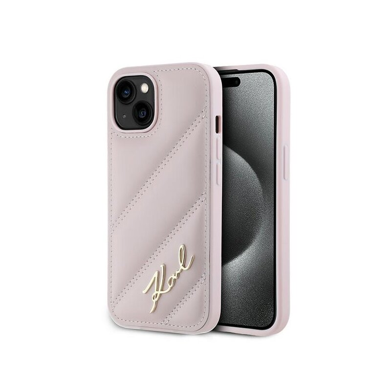 Husa iPhone 15 Plus Karl Lagerfeld Diagonal Quilted Script, roz, KLHCP15MPQDSMGP