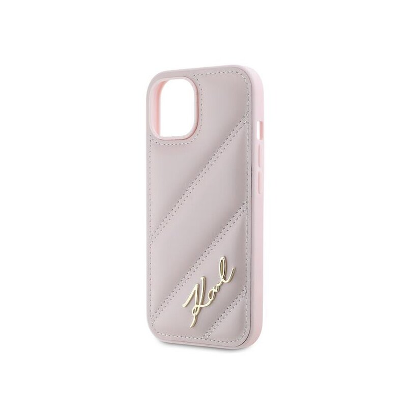 Husa iPhone 15 Plus Karl Lagerfeld Diagonal Quilted Script, roz, KLHCP15MPQDSMGP