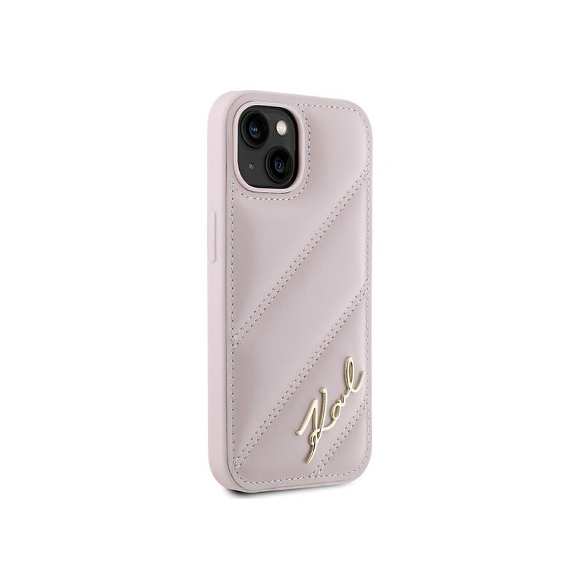 Husa iPhone 15 Plus Karl Lagerfeld Diagonal Quilted Script, roz, KLHCP15MPQDSMGP