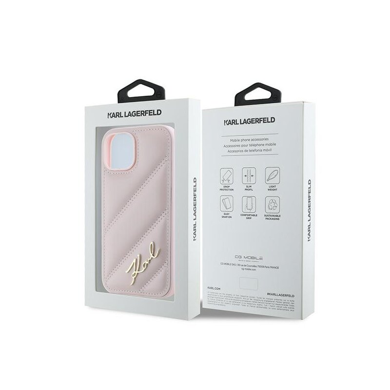 Husa iPhone 15 Plus Karl Lagerfeld Diagonal Quilted Script, roz, KLHCP15MPQDSMGP