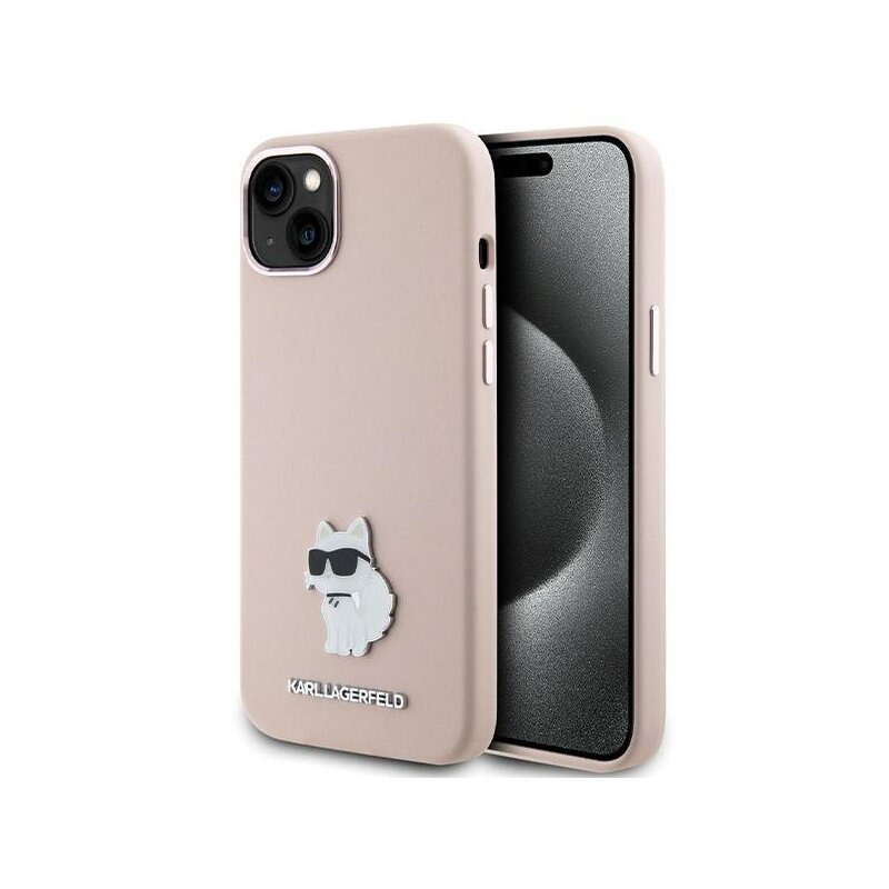 Husa Karl Lagerfeld iPhone 15 Plus Silicone, Pink Choupette Metal Pin, roz, KLHCP15MSMHCNPP