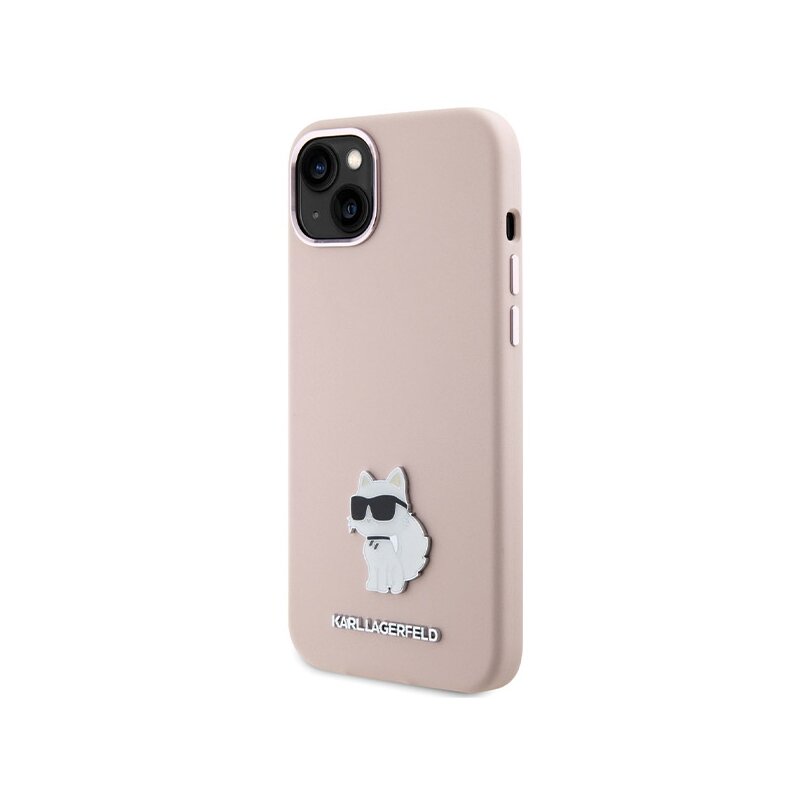 Husa Karl Lagerfeld iPhone 15 Plus Silicone, Pink Choupette Metal Pin, roz, KLHCP15MSMHCNPP