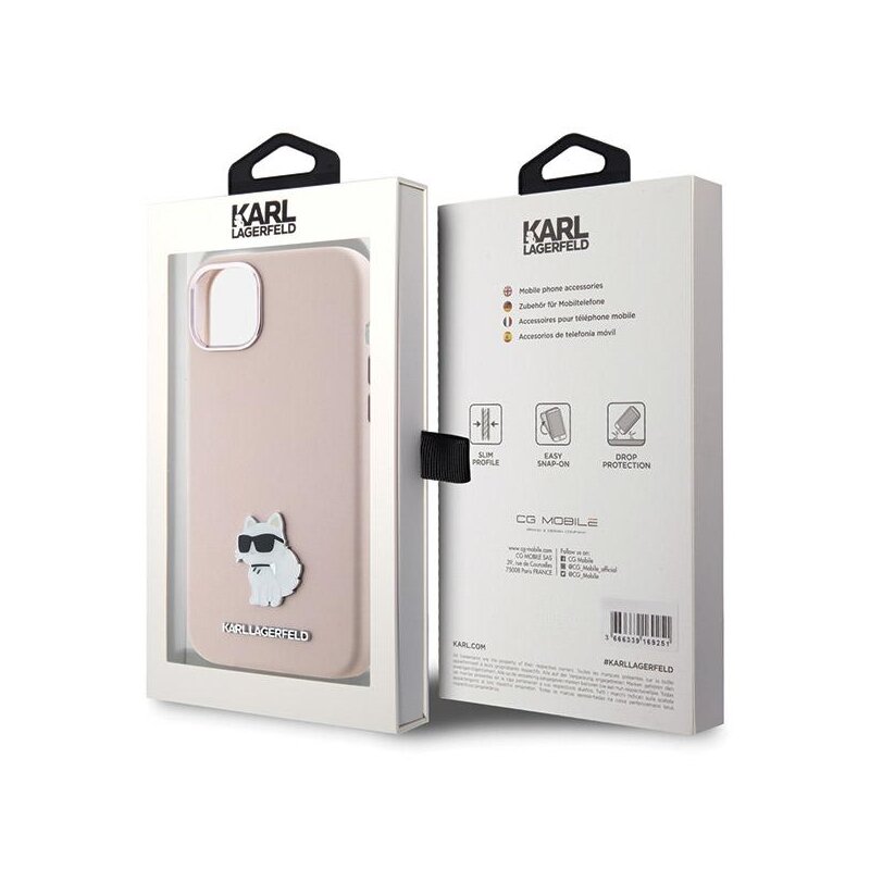 Husa Karl Lagerfeld iPhone 15 Plus Silicone, Pink Choupette Metal Pin, roz, KLHCP15MSMHCNPP