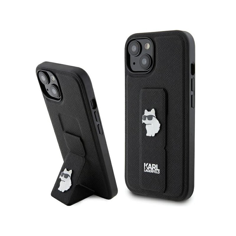 Husa originala iPhone 15 Karl Lagerfeld Saffiano Gripstand, Choupette, negru, KLHCP15SGSACHPK