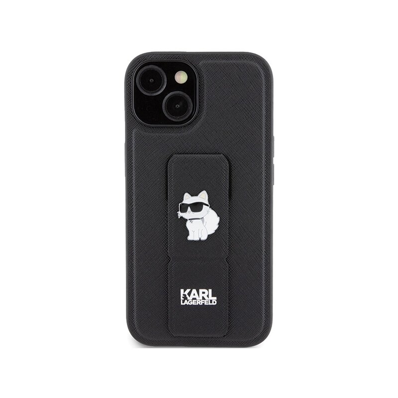Husa originala iPhone 15 Karl Lagerfeld Saffiano Gripstand, Choupette, negru, KLHCP15SGSACHPK