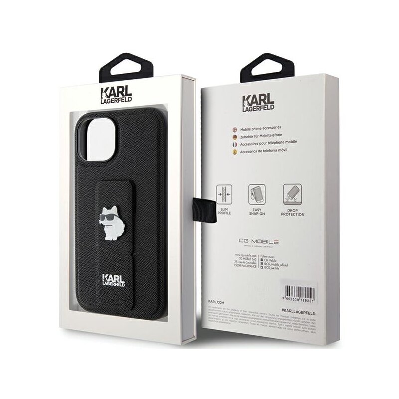 Husa originala iPhone 15 Karl Lagerfeld Saffiano Gripstand, Choupette, negru, KLHCP15SGSACHPK
