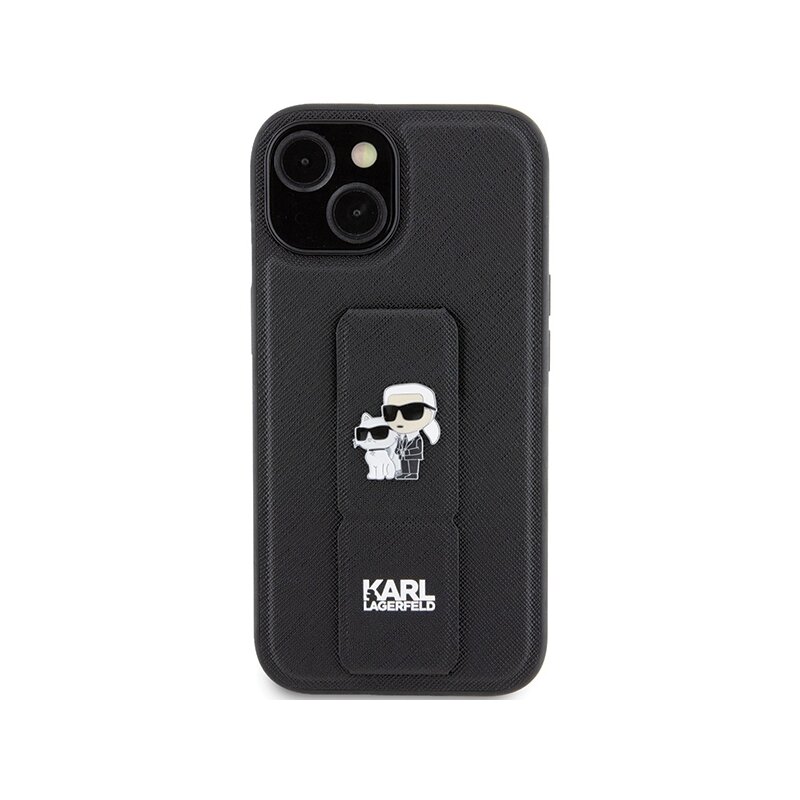 Husa originala iPhone 15 Karl Lagerfeld Saffiano Gripstand, Karl&Choupette, negru, KLHCP15SGSAKCPK