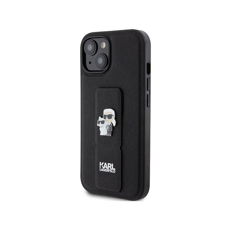 Husa originala iPhone 15 Karl Lagerfeld Saffiano Gripstand, Karl&Choupette, negru, KLHCP15SGSAKCPK