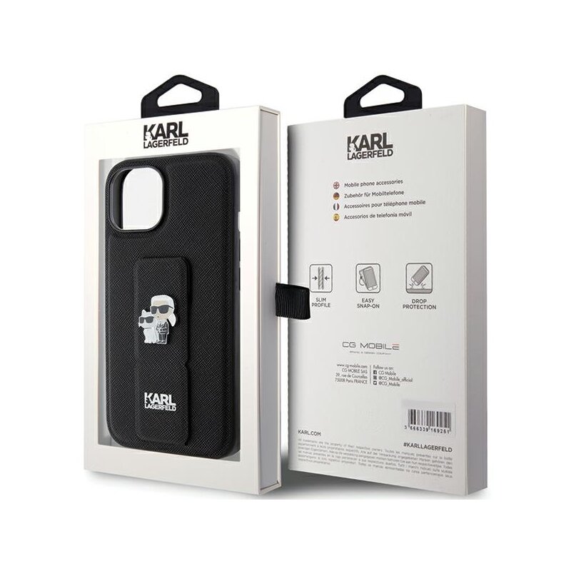 Husa originala iPhone 15 Karl Lagerfeld Saffiano Gripstand, Karl&Choupette, negru, KLHCP15SGSAKCPK