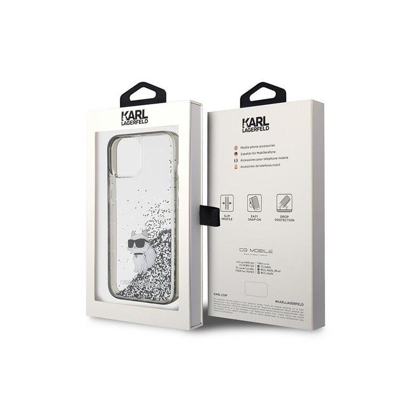 Husa Karl Lagerfeld iPhone 15 Hardcase Liquid Glitter, Choupette, transparent, KLHCP15SLKCNSK