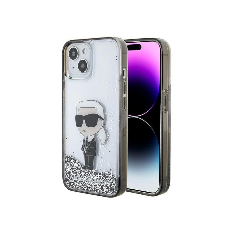 Husa Karl Lagerfeld iPhone 15 Hardcase Liquid Glitter, Ikonik, transparent, KLHCP15SLKKNSK