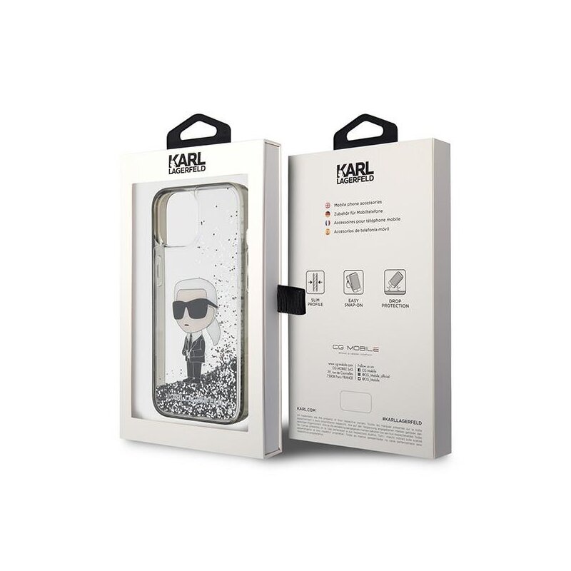 Husa Karl Lagerfeld iPhone 15 Hardcase Liquid Glitter, Ikonik, transparent, KLHCP15SLKKNSK