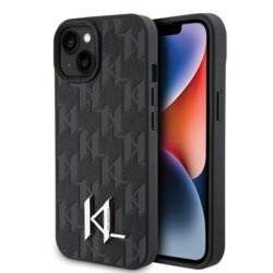Husa iPhone 15 Karl Lagerfeld Hardcase Leather Monogram, Hot Stamp Metal Logo, negru, KLHCP15SPKLPKLK