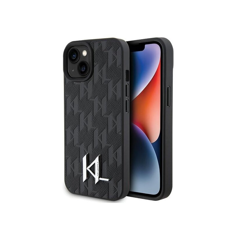 Husa iPhone 15 Karl Lagerfeld Hardcase Leather Monogram, Hot Stamp Metal Logo, negru, KLHCP15SPKLPKLK