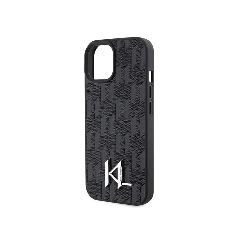 Husa iPhone 15 Karl Lagerfeld Hardcase Leather Monogram, Hot Stamp Metal Logo, negru, KLHCP15SPKLPKLK