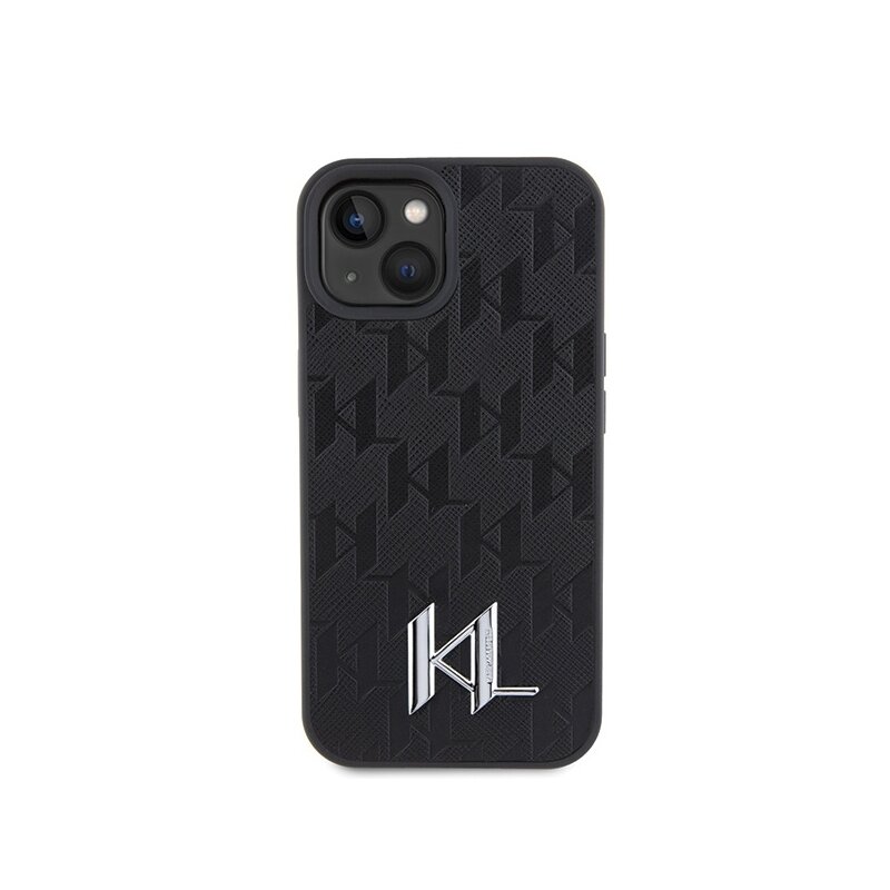 Husa iPhone 15 Karl Lagerfeld Hardcase Leather Monogram, Hot Stamp Metal Logo, negru, KLHCP15SPKLPKLK