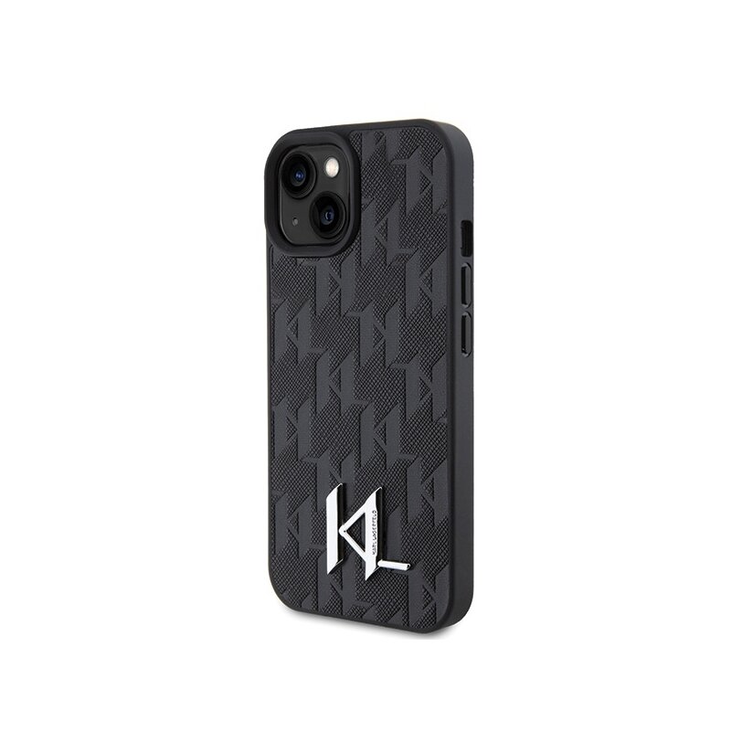 Husa iPhone 15 Karl Lagerfeld Hardcase Leather Monogram, Hot Stamp Metal Logo, negru, KLHCP15SPKLPKLK