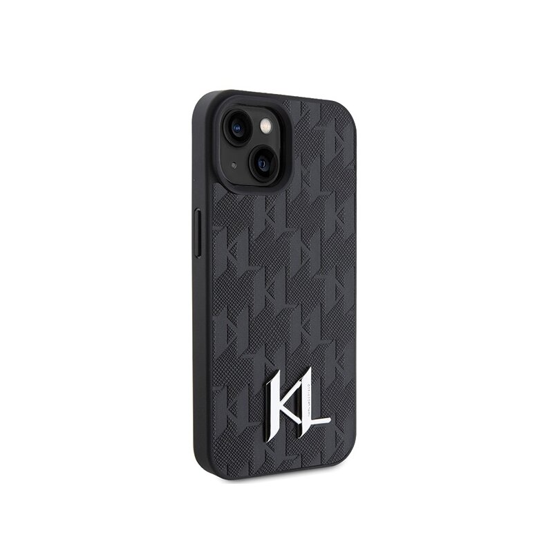 Husa iPhone 15 Karl Lagerfeld Hardcase Leather Monogram, Hot Stamp Metal Logo, negru, KLHCP15SPKLPKLK