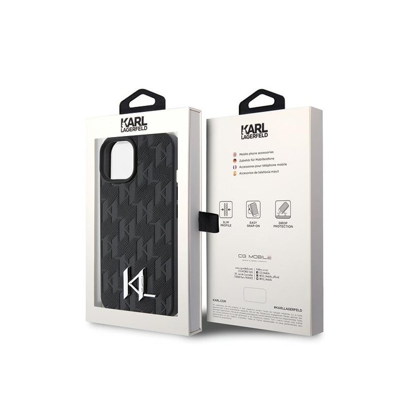 Husa iPhone 15 Karl Lagerfeld Hardcase Leather Monogram, Hot Stamp Metal Logo, negru, KLHCP15SPKLPKLK
