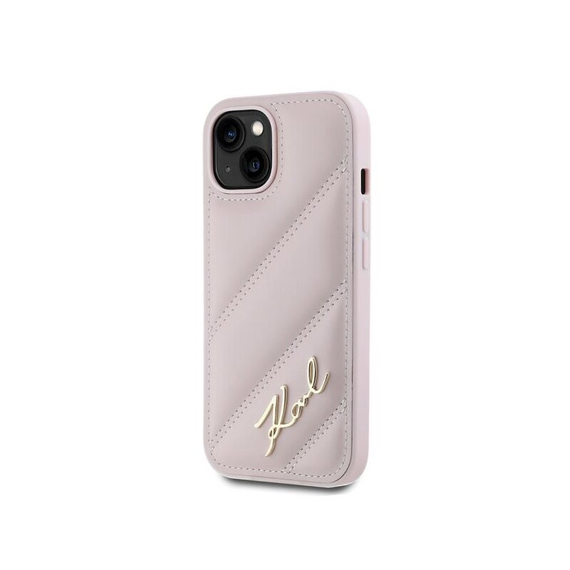 Husa iPhone 15 Karl Lagerfeld Diagonal Quilted Script, roz, KLHCP15SPQDSMGP