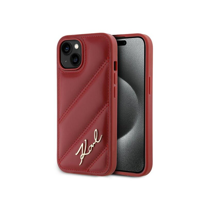 Husa iPhone 15 Karl Lagerfeld Diagonal Quilted Script, rosu, KLHCP15SPQDSMGR