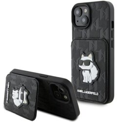 Husa iPhone 15 Karl Lagerfeld Saffiano Cardslots and Stand, Monogram Choupette, negru, KLHCP15SSAKCNSCK