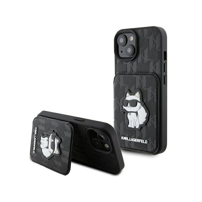 Husa iPhone 15 Karl Lagerfeld Saffiano Cardslots and Stand, Monogram Choupette, negru, KLHCP15SSAKCNSCK