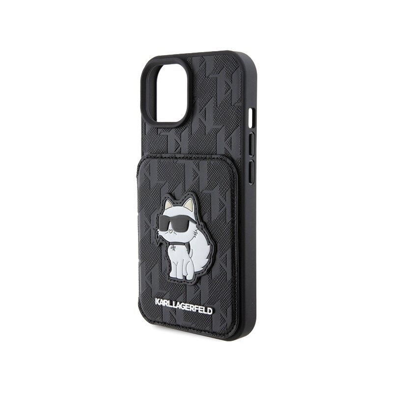 Husa iPhone 15 Karl Lagerfeld Saffiano Cardslots and Stand, Monogram Choupette, negru, KLHCP15SSAKCNSCK