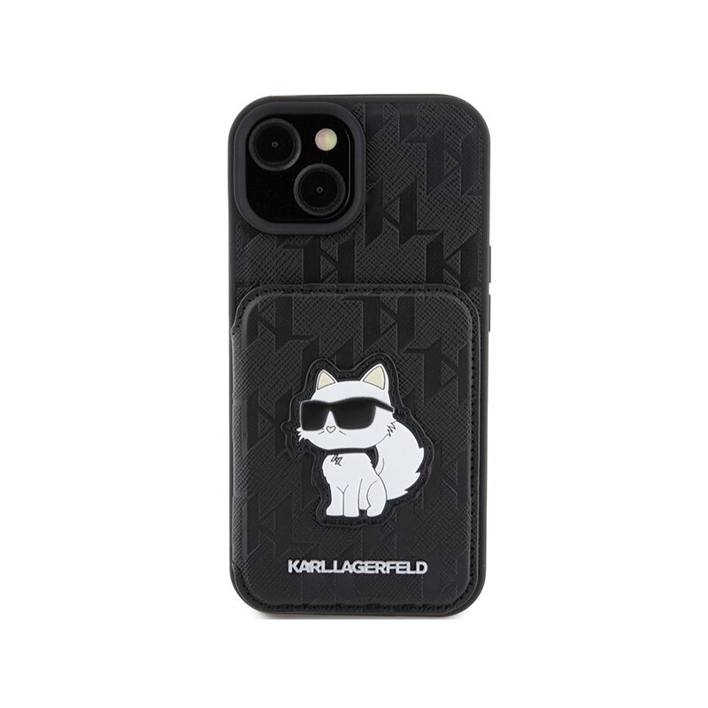 Husa iPhone 15 Karl Lagerfeld Saffiano Cardslots and Stand, Monogram Choupette, negru, KLHCP15SSAKCNSCK