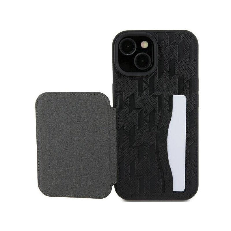 Husa iPhone 15 Karl Lagerfeld Saffiano Cardslots and Stand, Monogram Choupette, negru, KLHCP15SSAKCNSCK