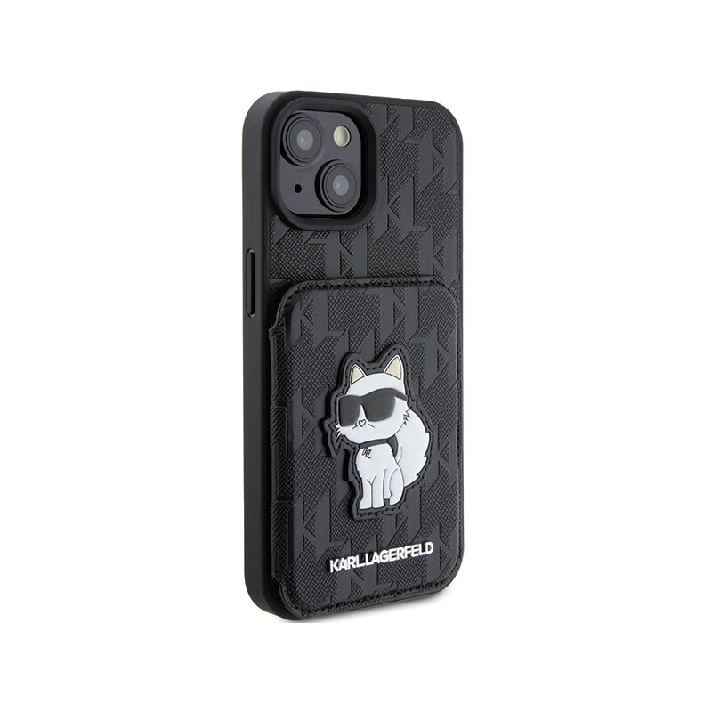 Husa iPhone 15 Karl Lagerfeld Saffiano Cardslots and Stand, Monogram Choupette, negru, KLHCP15SSAKCNSCK