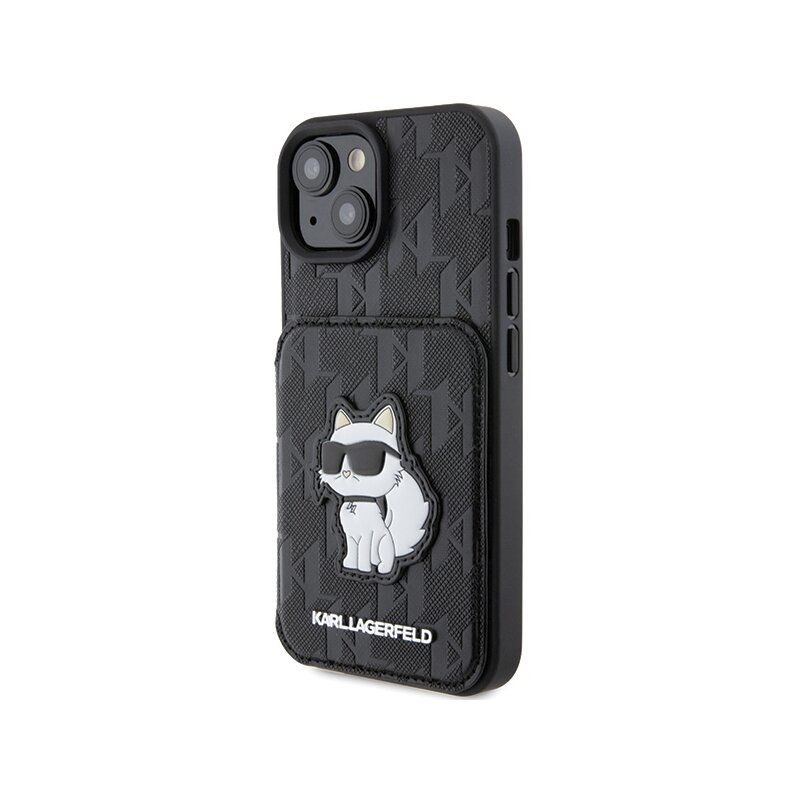 Husa iPhone 15 Karl Lagerfeld Saffiano Cardslots and Stand, Monogram Choupette, negru, KLHCP15SSAKCNSCK