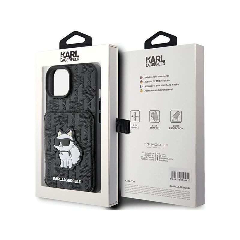 Husa iPhone 15 Karl Lagerfeld Saffiano Cardslots and Stand, Monogram Choupette, negru, KLHCP15SSAKCNSCK
