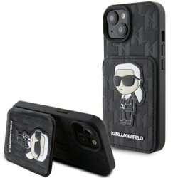Husa iPhone 15 Karl Lagerfeld Saffiano Cardslots and Stand, Monogram Ikonik, KLHCP15SSAKKNSCK