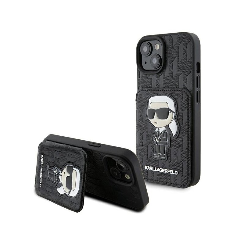Husa iPhone 15 Karl Lagerfeld Saffiano Cardslots and Stand, Monogram Ikonik, KLHCP15SSAKKNSCK