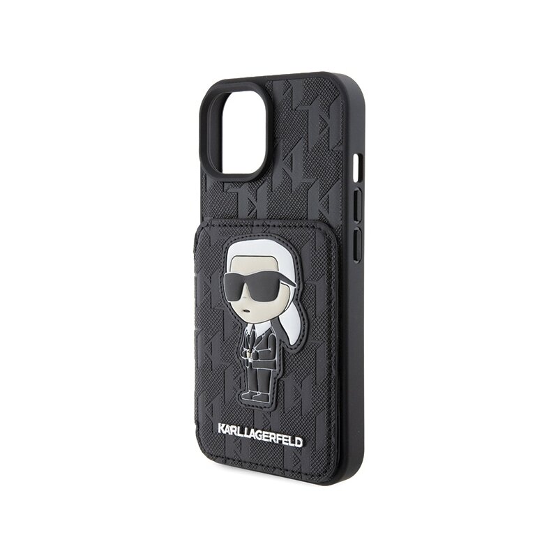 Husa iPhone 15 Karl Lagerfeld Saffiano Cardslots and Stand, Monogram Ikonik, KLHCP15SSAKKNSCK