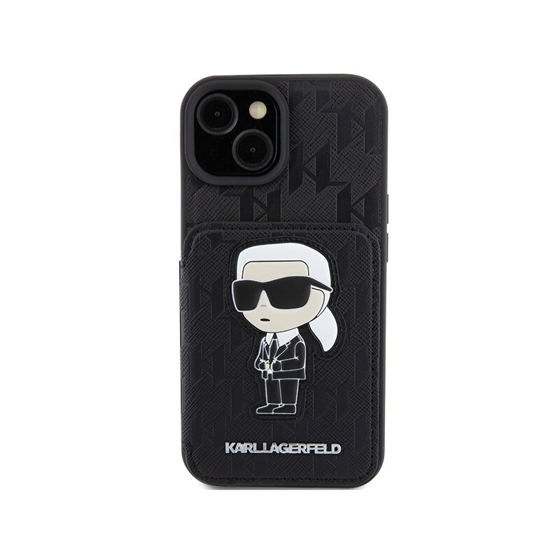 Husa iPhone 15 Karl Lagerfeld Saffiano Cardslots and Stand, Monogram Ikonik, KLHCP15SSAKKNSCK