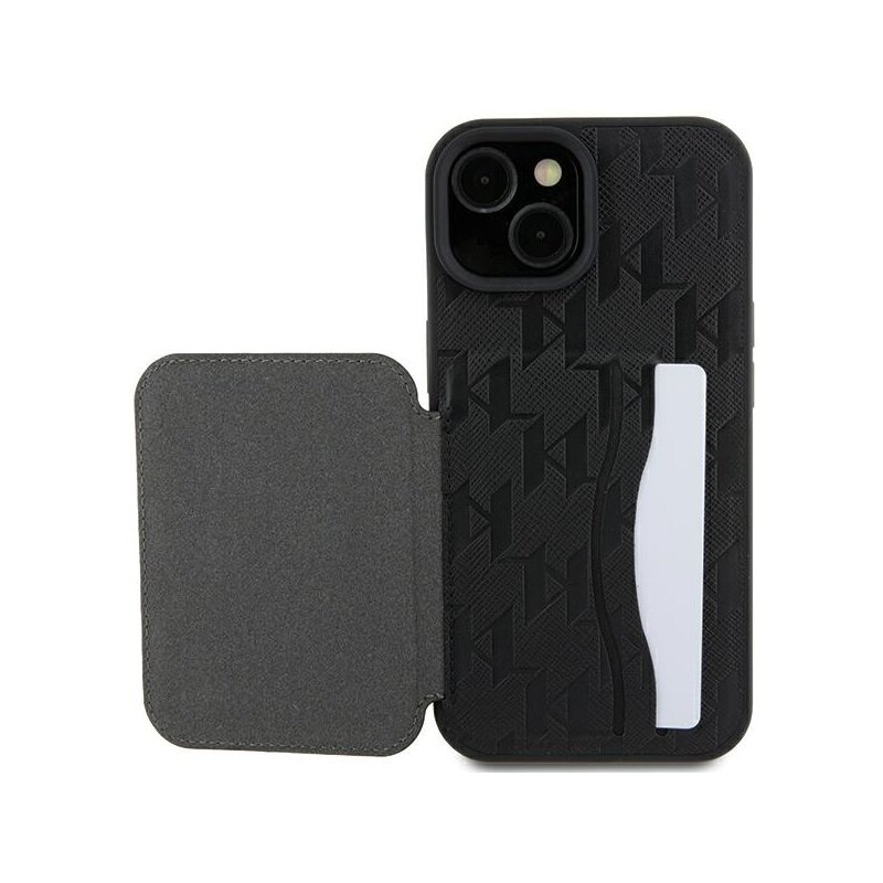 Husa iPhone 15 Karl Lagerfeld Saffiano Cardslots and Stand, Monogram Ikonik, KLHCP15SSAKKNSCK