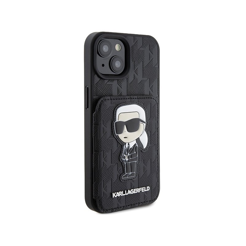 Husa iPhone 15 Karl Lagerfeld Saffiano Cardslots and Stand, Monogram Ikonik, KLHCP15SSAKKNSCK